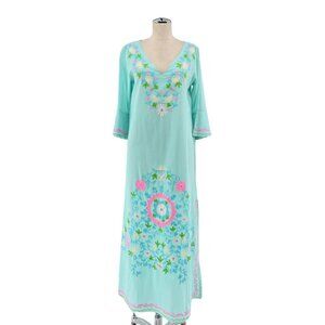 UNE BELLE TROUVAILLE Dress Womens Sz M Blue Embroidered Floral Cotton Tunic Maxi